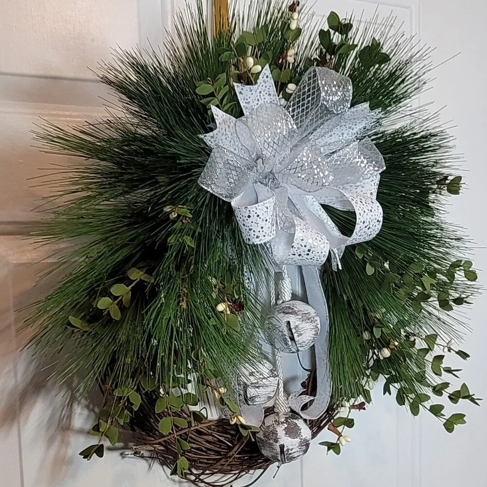 White Bells, White Berries, Pine Wreath, Winter Holiday Wreath, Hand Crafted